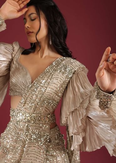 Oyster Ready Pleated Saree In Sequins Embroidery Crafted In Net With A Side Zip Closure