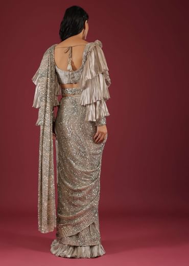 Oyster Ready Pleated Saree In Sequins Embroidery Crafted In Net With A Side Zip Closure