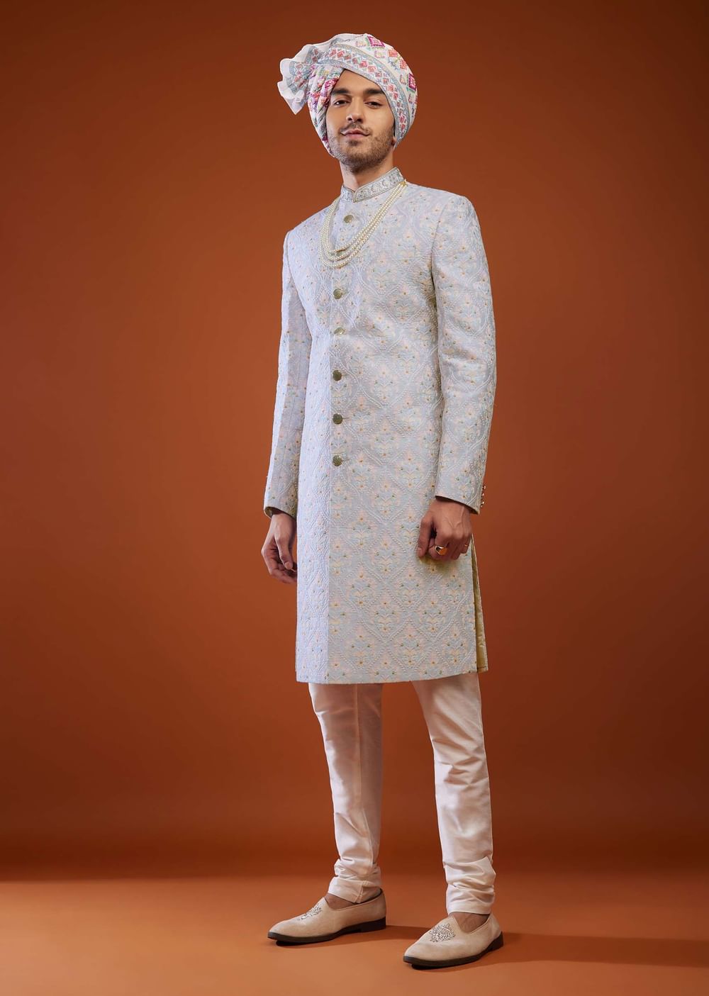 Powder Blue Floral Embroidered Sherwani Set In Silk