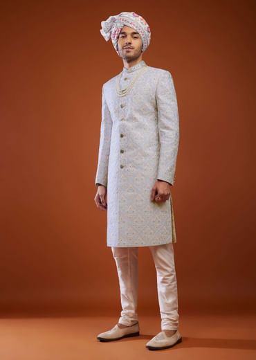 Powder Blue Floral Embroidered Sherwani Set In Silk