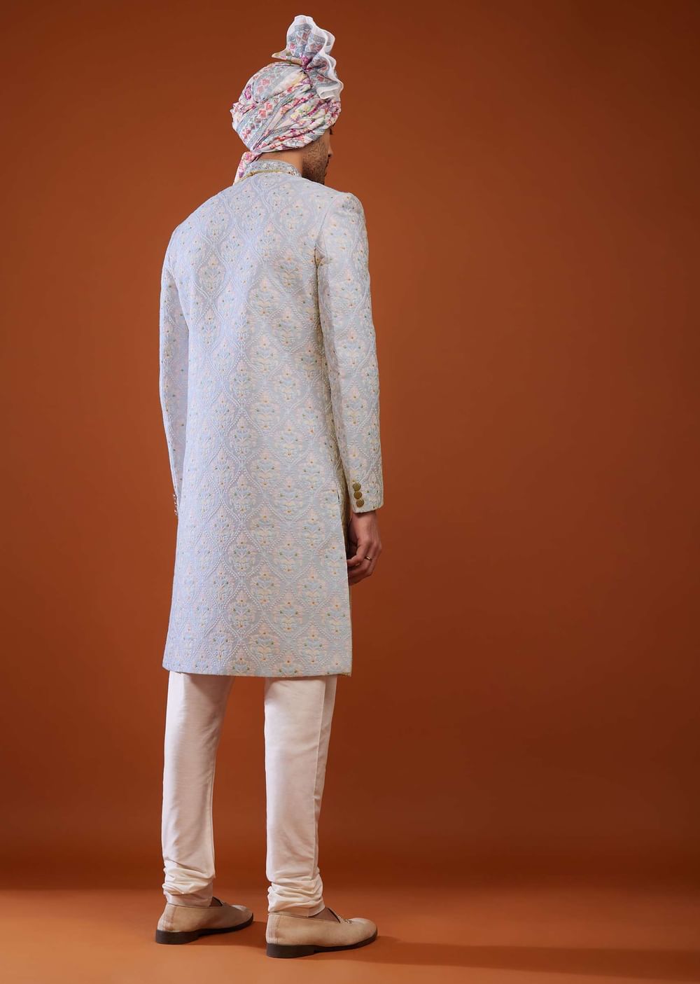 Powder Blue Floral Embroidered Sherwani Set In Silk