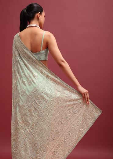 Pale Green Embroidered Parsi Gara Saree In Floral Resham Work And Unstitched Blouse