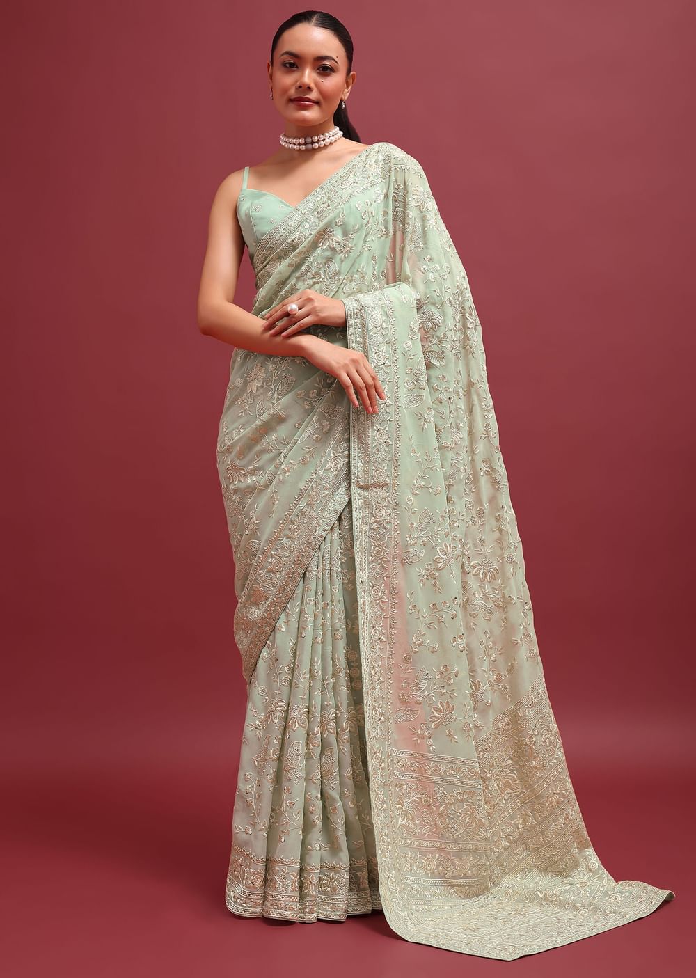 Pale Green Embroidered Parsi Gara Saree In Floral Resham Work And Unstitched Blouse
