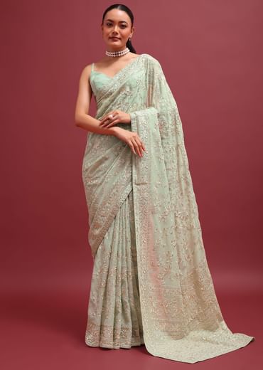 Pale Green Embroidered Parsi Gara Saree In Floral Resham Work And Unstitched Blouse
