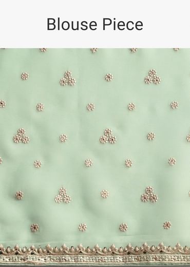 Pale Green Embroidered Parsi Gara Saree In Floral Resham Work And Unstitched Blouse