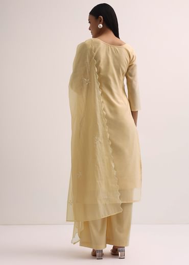Pale Yellow Palazzo Set With Patchwork Kurta Stitched Dress Material
