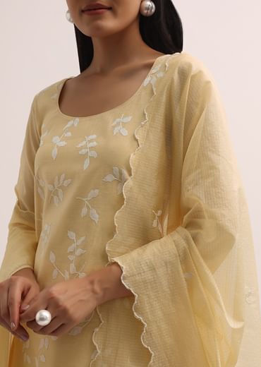 Pale Yellow Palazzo Set With Patchwork Kurta Stitched Dress Material