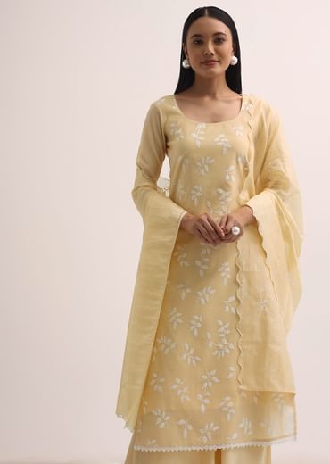 Pale Yellow Palazzo Set With Patchwork Kurta Stitched Dress Material