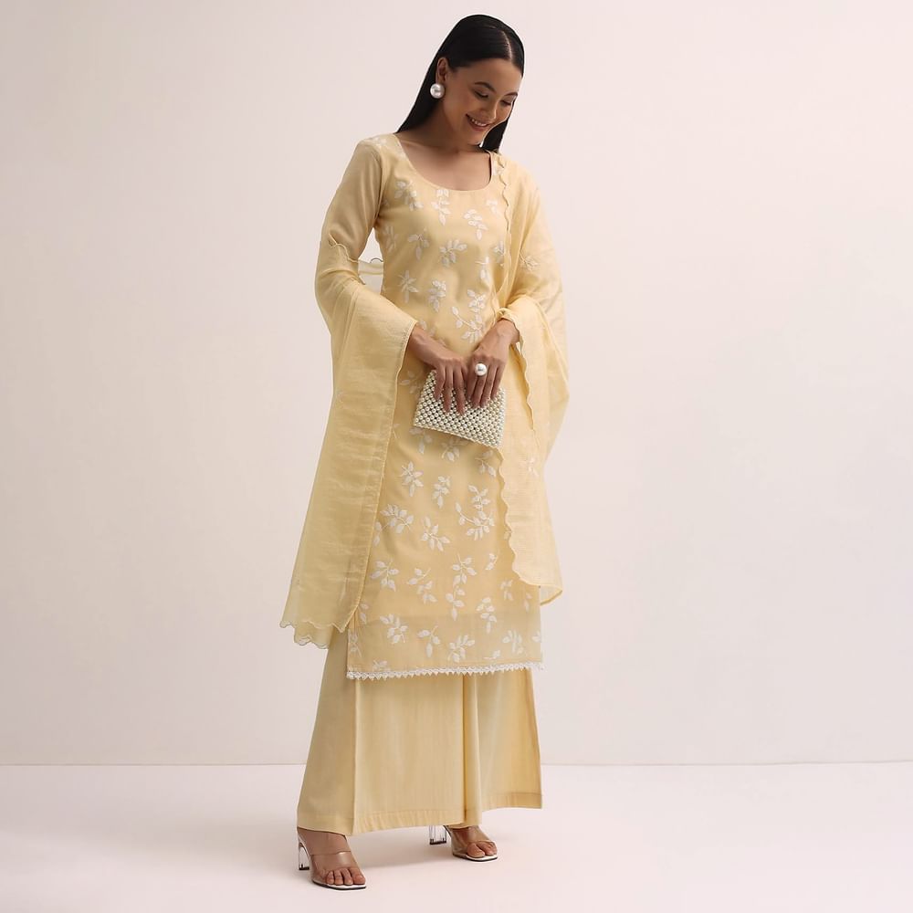 Pale Yellow Palazzo Set With Patchwork Kurta Stitched Dress Material
