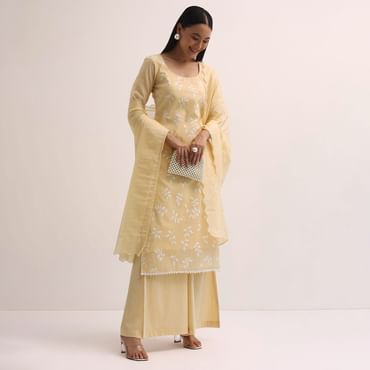 Pale Yellow Palazzo Set With Patchwork Kurta Stitched Dress Material