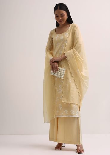 Pale Yellow Palazzo Set With Patchwork Kurta Stitched Dress Material