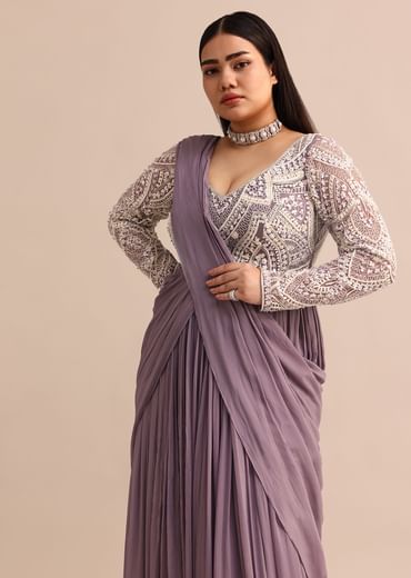 Blue Lilac Pre Drape Suit With Pearl Work