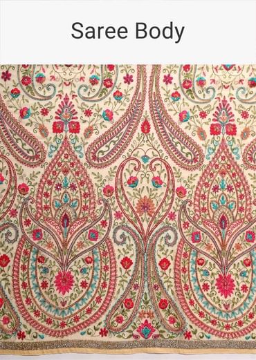 Parmesan Beige Saree With Kashmiri Embroidery In Floral Jaal Design