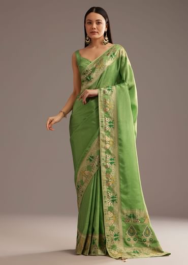 Parrot Green Crepe Silk Saree With Chanderi Zari Work