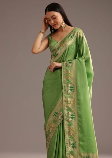 Parrot Green Crepe Silk Saree With Chanderi Zari Work
