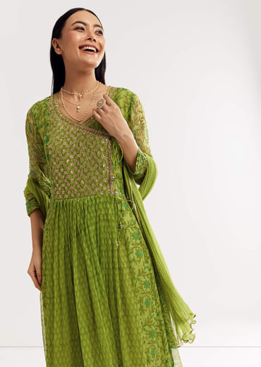 Parrot Green Floral Chiffon Anarkali Kurta Set With Dupatta
