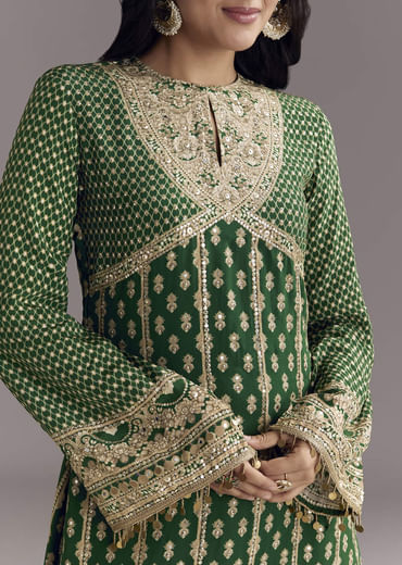 Green Printed Crepe Dhoti Set With Keyhole Neck