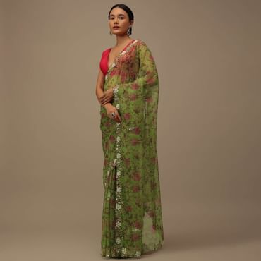 Parrot Green Cutdana Embroidered Saree In Organza With Floral Print