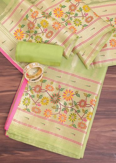 Parrot Green And Gold Paithani Woven Silk Dress Material