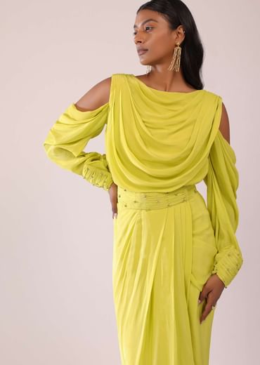 Sheen Green Cowl Top And Drape Skirt In Crepe