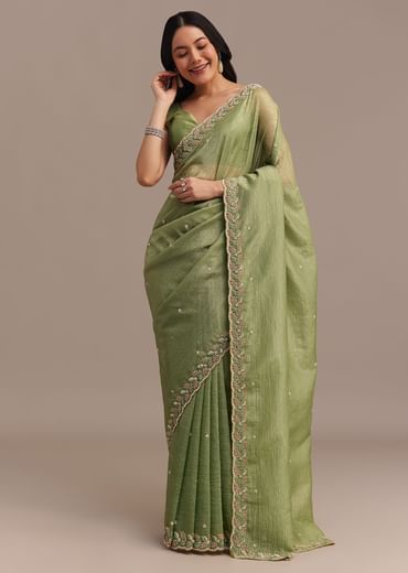 Parrot Green Crushed Tissue Saree With Sequins And Scallop Border