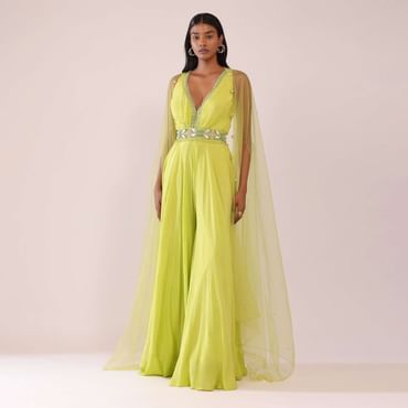 Sheen Green Crepe Jumpsuit And Net Shrug With A Crystal Bead Embroidered Belt