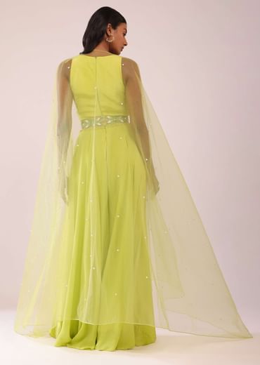 Sheen Green Crepe Jumpsuit And Net Shrug With A Crystal Bead Embroidered Belt