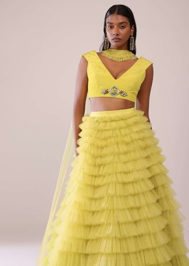 Sheen Green Frill Net Lehenga, Blouse, And Choker Set With Embroidery