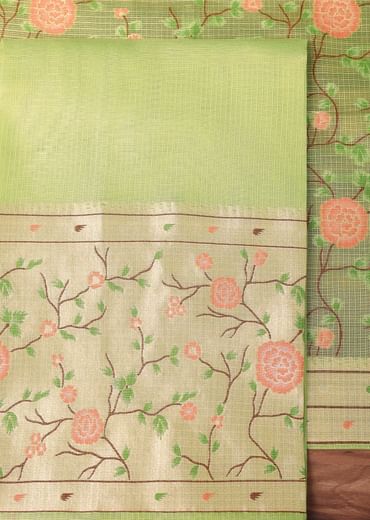 Parrot Green Paithani Silk Dress Material
