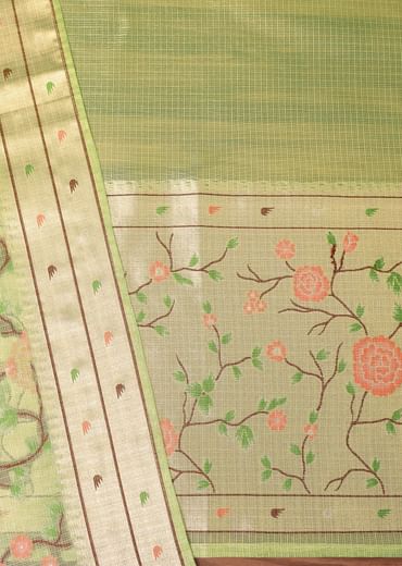 Parrot Green Paithani Silk Dress Material