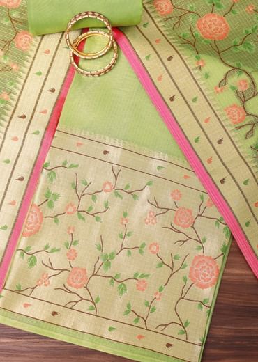 Parrot Green Paithani Silk Dress Material