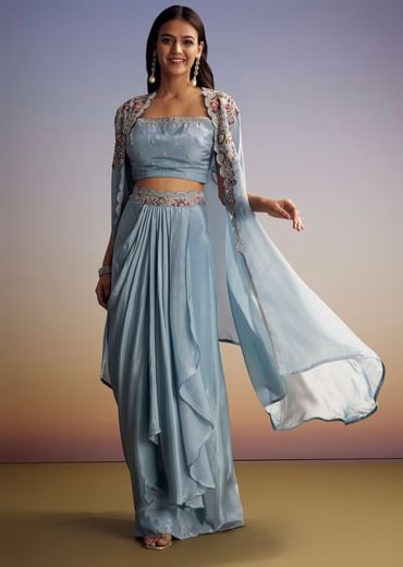 Pastel Blue Crop Top Skirt Set With Embroidered Cape Overlay