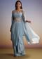 Pastel Blue Crop Top Skirt Set With Embroidered Cape Overlay