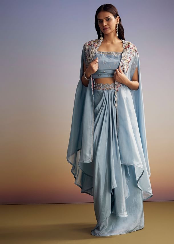Pastel Blue Crop Top Skirt Set With Embroidered Cape Overlay