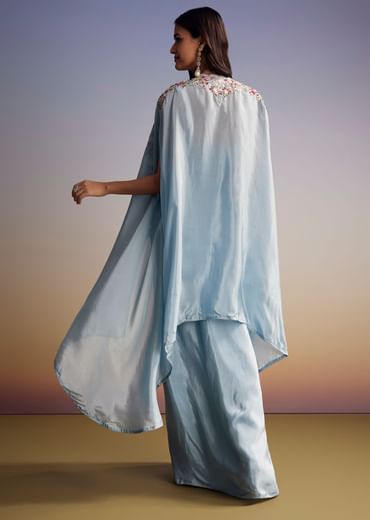 Pastel Blue Crop Top Skirt Set With Embroidered Cape Overlay