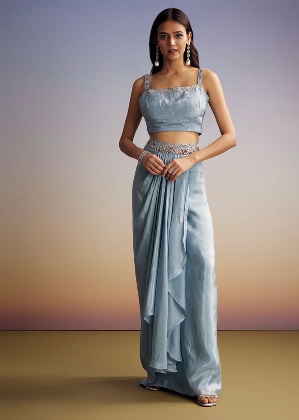 Pastel Blue Crop Top Skirt Set With Embroidered Cape Overlay
