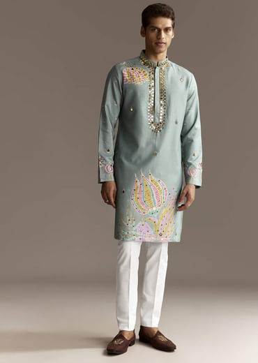 Pastel Blue Kurta Set With Mirror Embroidery