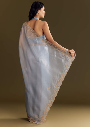 Pastel Blue Tissue Saree With Cutdana And Beads Scallop Border