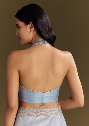 Pastel Blue Tissue Saree With Cutdana And Beads Scallop Border