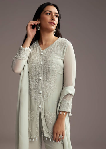 Pastel Green Georgette Kurta Set With Bead Embroidery