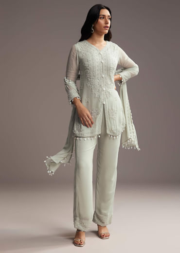 Pastel Green Georgette Kurta Set With Bead Embroidery