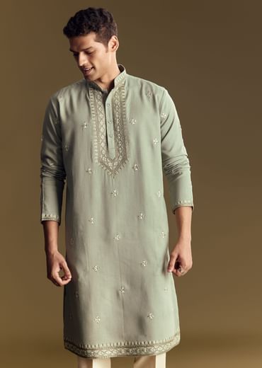 Pastel Green Linen Kurta Set With Sequin And Resham Embroidery
