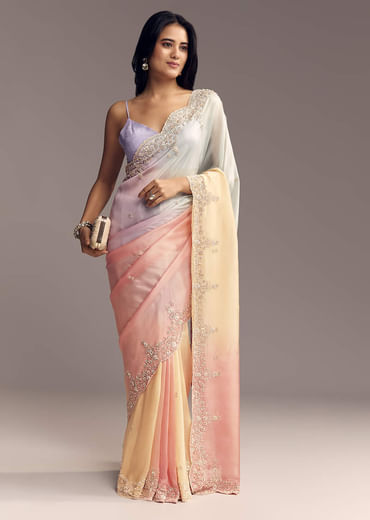Pastel Ombre Organza Saree With Floral And Butti Embroidery