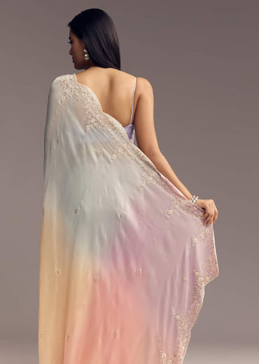 Pastel Ombre Organza Saree With Floral And Butti Embroidery