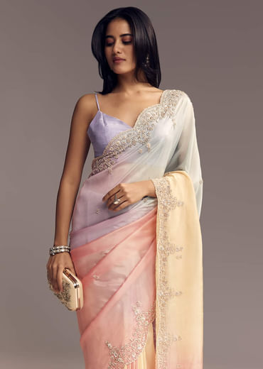 Pastel Ombre Organza Saree With Floral And Butti Embroidery