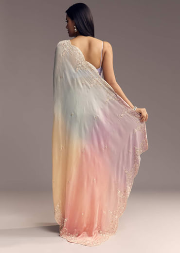 Pastel Ombre Organza Saree With Floral And Butti Embroidery