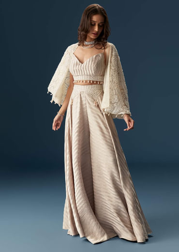 Pastel Palazzo Set With Full Sleeved Jacket And Intricately Embellished Bustier