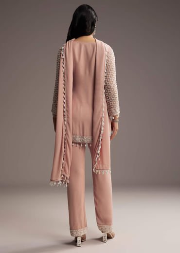 Pastel Peach Georgette Kurta Set With Beads Work
