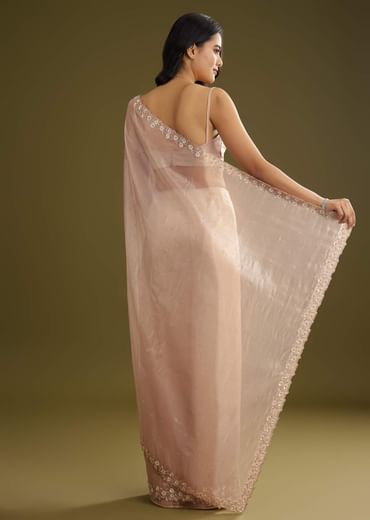 Pastel Peach Glass Tissue Stone Embellished Saree With Cutwork Border