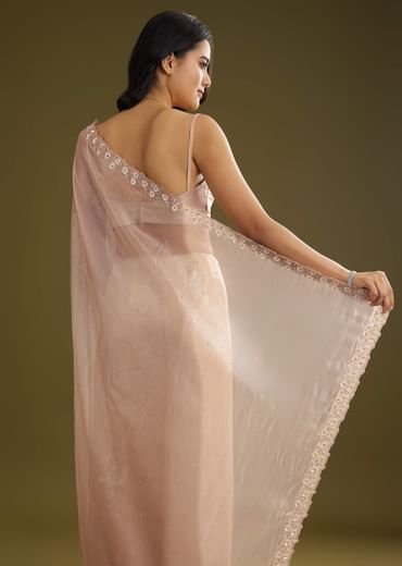 Pastel Peach Glass Tissue Stone Embellished Saree With Cutwork Border